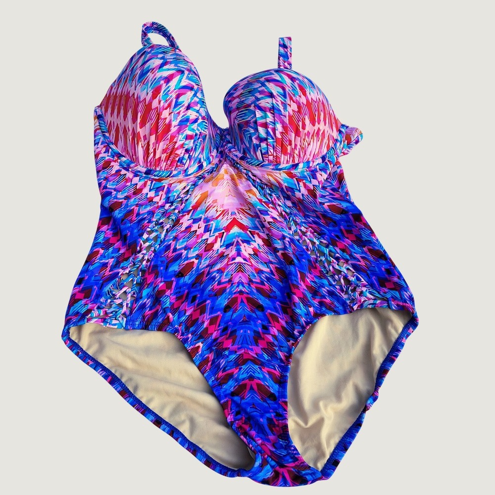 Swimsuits For All Women Blue Pink Geometric One Piece Swimsuit Size 18 Underwire
